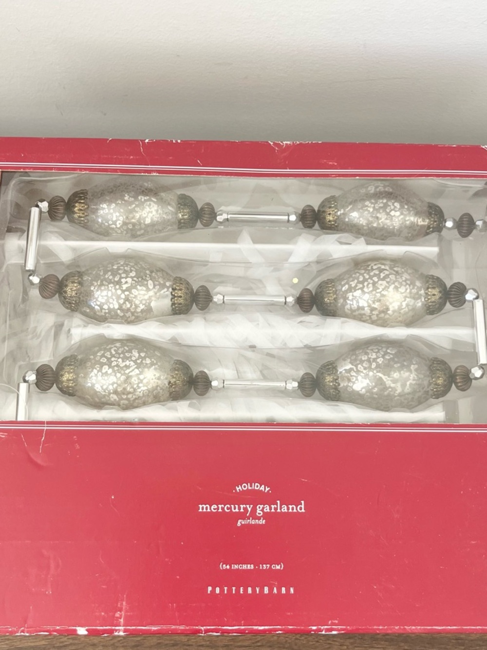 Pottery Barn Holiday Mercury Glass Garland Silver and Gold w Box Great Condition